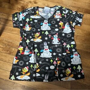 Looney Tunes Bugs Bunny Christmas V Neck‎ Scrub Top Womens S Cotton Scrubs